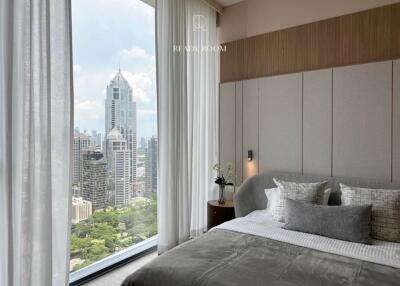 Modern bedroom with a city view