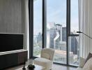 Modern living room with large windows and city view