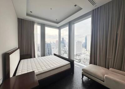 Modern bedroom with large windows and city view