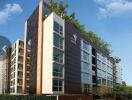 Modern apartment building with a unique design and large windows