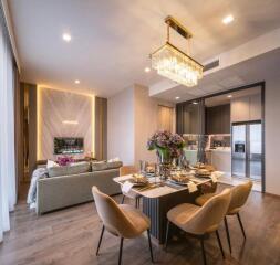 Modern living room and dining area with open kitchen