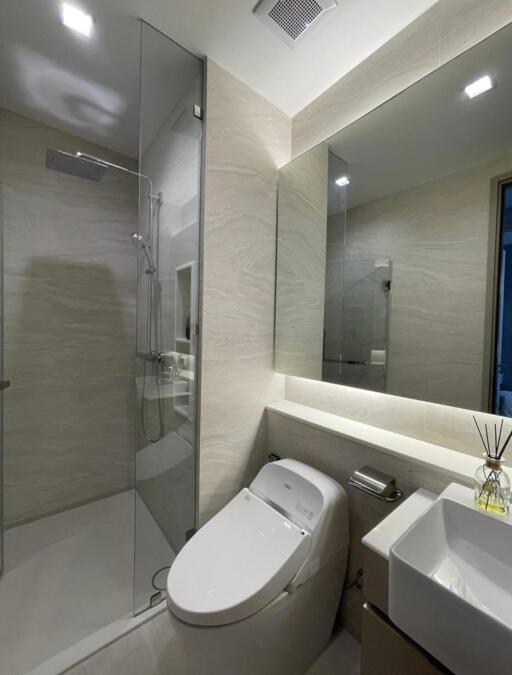 Modern bathroom with walk-in shower and toilet