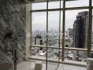 Modern bathroom with marble walls and city view