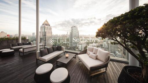 Spacious outdoor patio with city skyline view