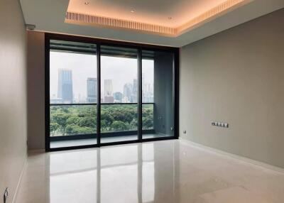 Modern living room with large window and city view