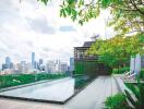 Modern rooftop pool with city skyline view