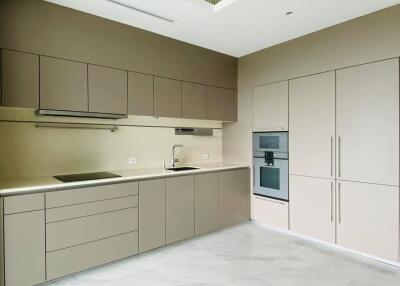 Modern kitchen with built-in appliances and sleek cabinetry