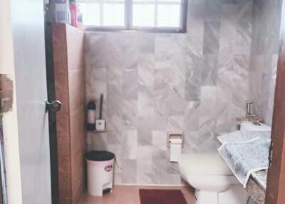 Modern bathroom with tiled walls and natural light