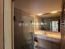 Modern bathroom with glass shower and large mirror