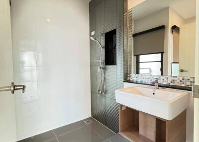 Modern bathroom with sink and shower area