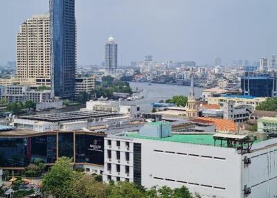 View of city skyline with river