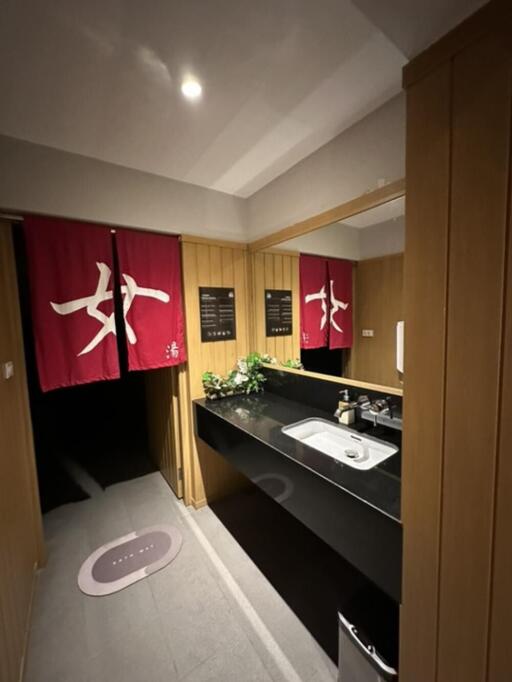 Modern bathroom with vanity mirror and Japanese-style decor