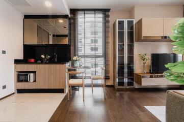 Modern living room with open kitchen