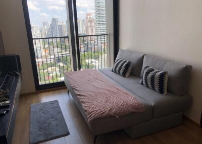 Modern living room with a city view