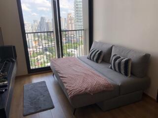 Modern living room with a city view