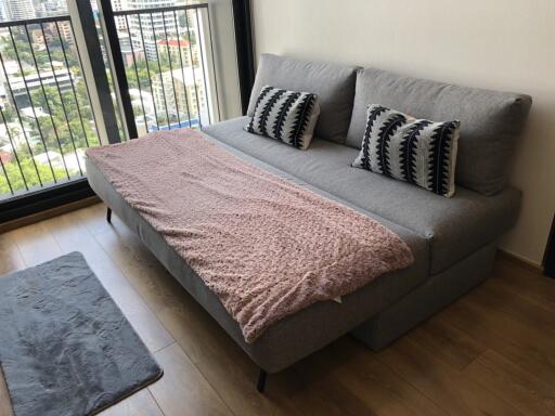 Cozy living room with a grey sofa bed and decorative pillows