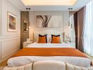 Modern bedroom with elegant décor and warm colors