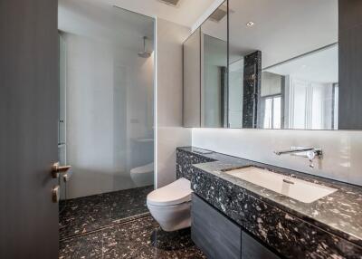 Modern bathroom with black marble countertop and glass shower enclosure