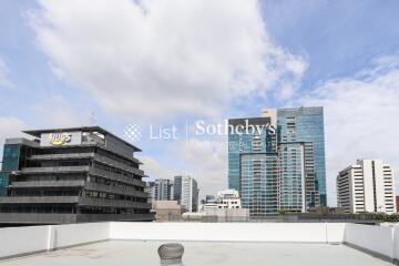 Cityscape view with modern buildings under a partly cloudy sky