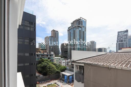 View of modern city buildings from a window