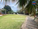 Spacious green garden with a pathway and palm trees