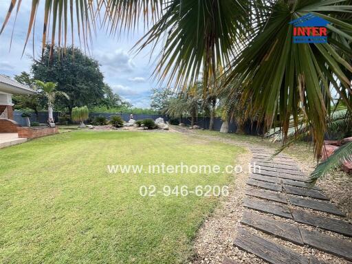 Spacious green garden with a pathway and palm trees