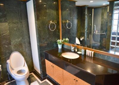 Spacious and modern bathroom with dark marble accents, large mirror, and vanity sink