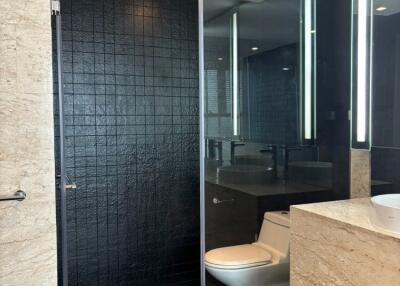 Modern bathroom with black tiles and glass shower enclosure