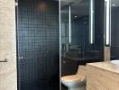 Modern bathroom with black tiles and glass shower enclosure