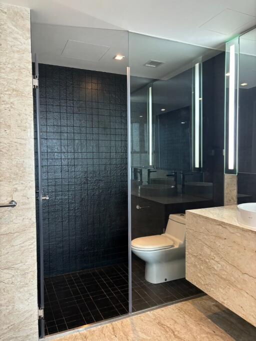 Modern bathroom with black tiles and glass shower enclosure