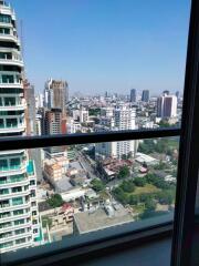 City skyline view from apartment window