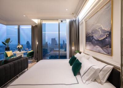 Modern bedroom with large window and city view