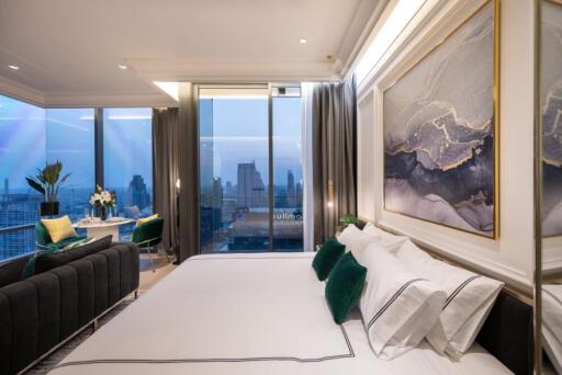 Modern bedroom with large window and city view