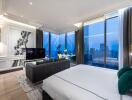 Spacious modern bedroom with large windows and city view