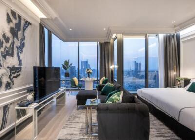 Modern living area with large windows and city view