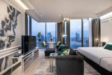 Modern living area with large windows and city view