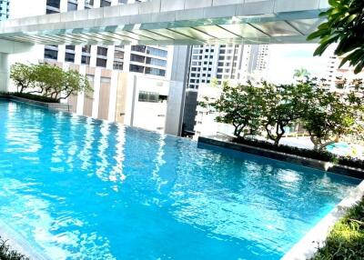 Rooftop swimming pool with cityscape view