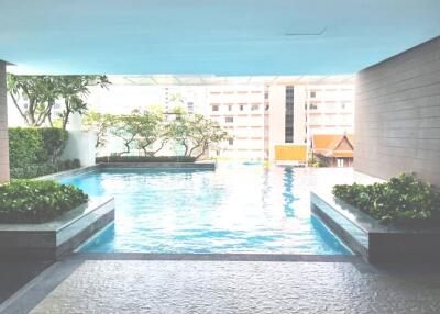 Modern swimming pool area in a building complex