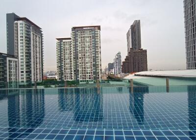 Rooftop pool with city skyline view