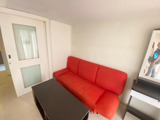 Living area with red sofa and coffee table