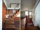 Interior view of a staircase with wooden steps and handrails