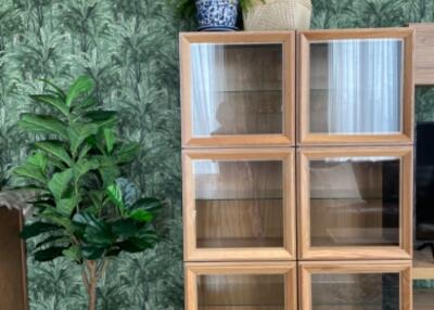 Living room with wooden storage units and green plants