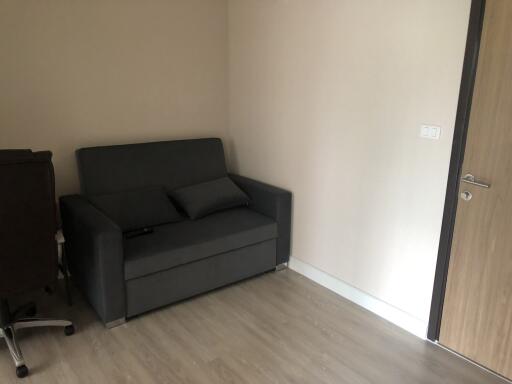 Small living room with dark gray sofa