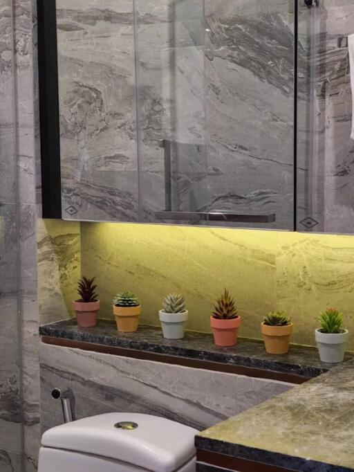 Bathroom with decorative plants and marble surfaces