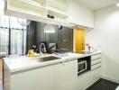 Modern kitchen with white cabinetry and built-in appliances