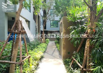 Entrance pathway surrounded by greenery leading to a residential building