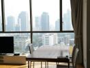 Modern dining area with a city view