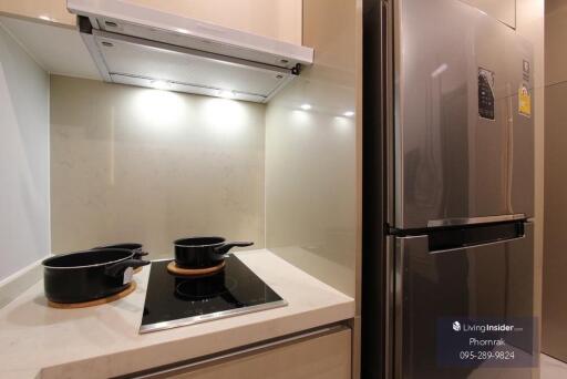 Modern kitchen with stovetop and refrigerator