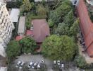 Aerial view of residential and surrounding buildings