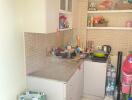 Small kitchen with shelving and tiled backsplash